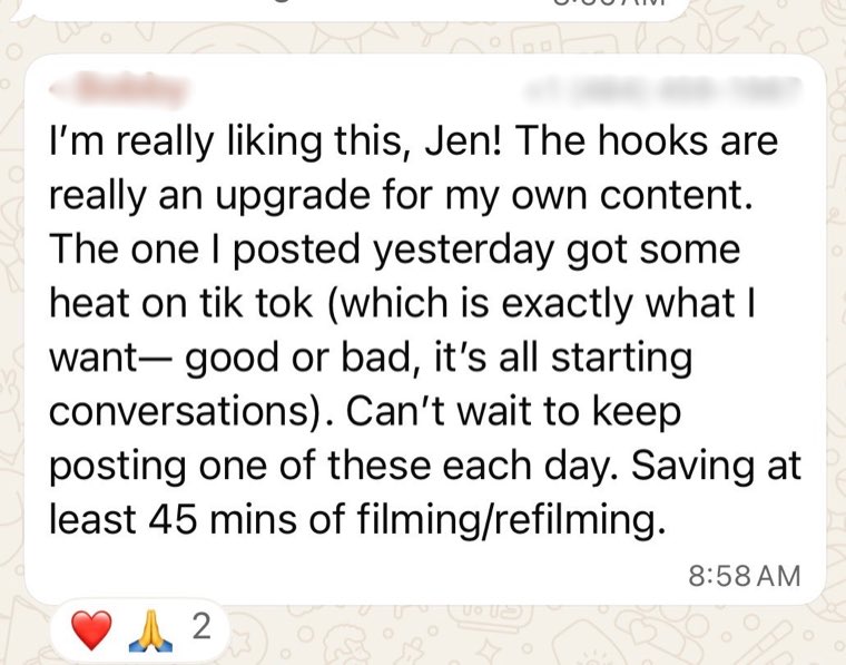 Member message saying the hooks sparked conversation and saved at least 45 minutes